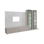Dnevni regal LUMINA 3 je prefinjenega videza. Regal ima stenski panel z elegantnim videzom belega marmorja. Tv omarica ima dva prostora za shranjevanje.