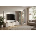 Dnevni regal LUMINA 3 je prefinjenega videza. Regal ima stenski panel z elegantnim videzom belega marmorja. Tv omarica ima dva prostora za shranjevanje.