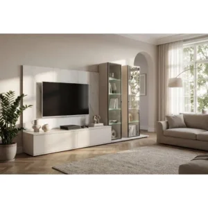 Dnevni regal LUMINA 3 je prefinjenega videza. Regal ima stenski panel z elegantnim videzom belega marmorja. Tv omarica ima dva prostora za shranjevanje.