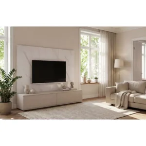 Dnevni regal LUMINA je prefinjenega videza. Regal ima stenski panel z elegantnim videzom belega marmorja. Tv omarica ima dva prostora za shranjevanje. Omarica