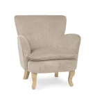 Fotelj CHENILLE bež, konstrukcija iz borovega lesa in vezanih plošč zagotavlja trdnost ter dolgo življenjsko dobo. Elegantne noge iz lesa rubberwood