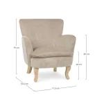 Fotelj CHENILLE bež, konstrukcija iz borovega lesa in vezanih plošč zagotavlja trdnost ter dolgo življenjsko dobo. Elegantne noge iz lesa rubberwood