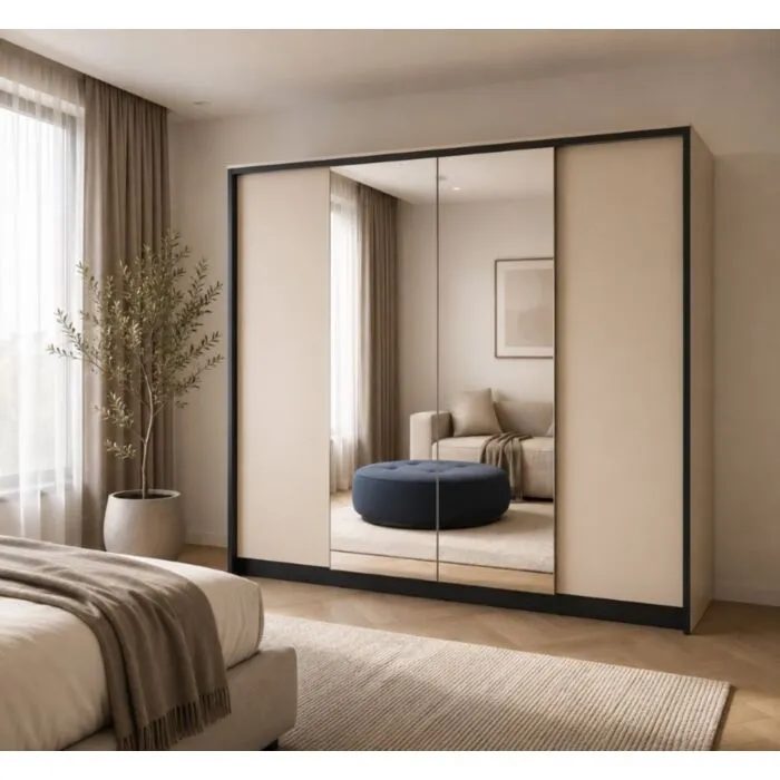 Garderobna omara EVAS 2 Garderobna omara EVAS 2 je popolna izbira za vse, ki si želijo prostorne, elegantne in funkcionalne spalnice. S premišljeno razporeditvijo polic in