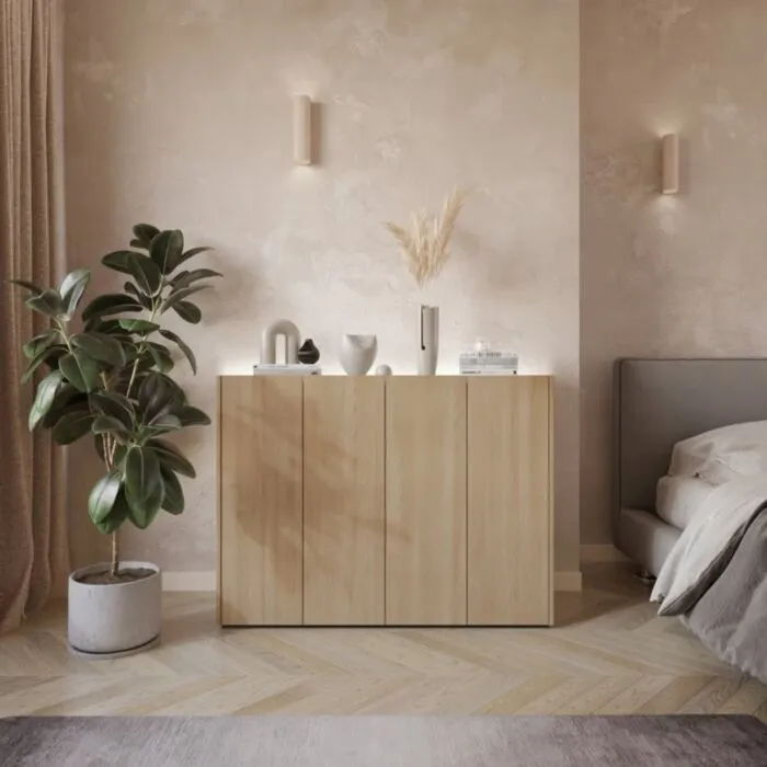 Komoda ELIDA 4 hrast Komoda ELIDA 4 hrast je eleganten in sodoben dodatek k vaši notranjosti. Je praktična, zahvaljujoč LED osvetlitvi pa ustvarja prijetno vzdušje. Komoda je