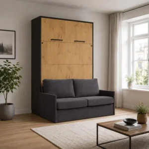Komplet postelja v omari + kavč ROBIDA 140 x 200 črna / hrast, vam omogoča, da kateri koli prostor spremenite v popolno uporabno in estetsko privlačno