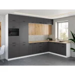 Kuhinjski blok VALENTINA 330x210 je elegantnega ter sodobnega dizajna. Fronte zgornjih omaric v artisan barvi so rebrastega dizajna, lamelne fronte. Odpiranje