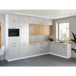 Kuhinjski blok VALENTINA 330x210 je elegantnega ter sodobnega dizajna. Fronte zgornjih omaric v artisan barvi so rebrastega dizajna, lamelne fronte. Odpiranje