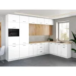 Kuhinjski blok VALENTINA 330x210 je elegantnega ter sodobnega dizajna. Fronte zgornjih omaric v artisan barvi so rebrastega dizajna, lamelne fronte. Odpiranje