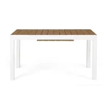 Miza ELIAS 140-200X90 bela, ima robustno ogrodje iz aluminija, prašno barvanega s poliestrskim premazom, ki zagotavlja odpornost na vremenske vplive. Plošča
