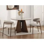 Elegantna okrogla jedilna miza ALZO oreh, združuje sodoben dizajn, prestižne materiale in brezčasno eleganco. Mizna plošča je izdelana iz kakovostnega