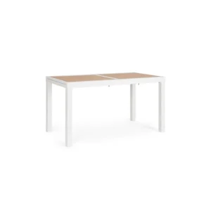 Raztegljiva miza HILIJA 140-210X77 bela, je aluminijasta, s prašno barvanim ogrodjem in ploščo iz aluminijastih letvic v imitaciji lesa. Opremljena je z