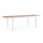 Vrtna miza HILIJA 160-240X90 bela, je aluminijasta, s prašno barvanim ogrodjem in ploščo iz aluminijastih letvic v imitaciji lesa. Opremljena je z