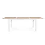 Vrtna miza HILIJA 160-240X90 bela, je aluminijasta, s prašno barvanim ogrodjem in ploščo iz aluminijastih letvic v imitaciji lesa. Opremljena je z