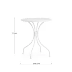 Vrtna mizica LIZETTE D60 bela je narejena iz jekla z mat zaključkom. Material: - Jeklo Barva: - Bela Dimenzije: FI: 60 cm višina: 71 cm Stoli niso vključeni