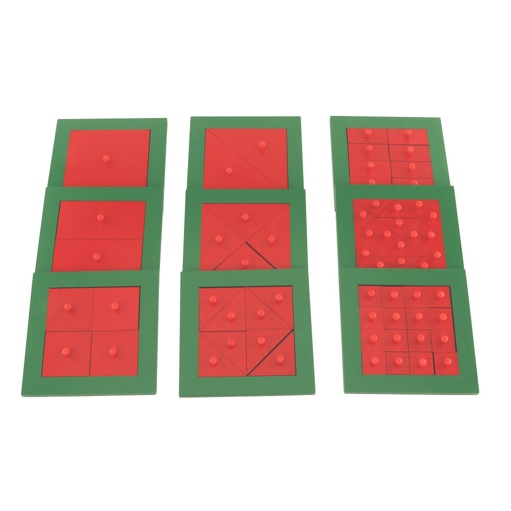 Kovinski rdeče - zeleni kvadrati Ta material se uporablja za geometrijo (vaje enakovrednih, enakih in podobnih figur). Set je sestavljen iz 9 zelenih kovinskih okvirjev z dni, 1 nizom