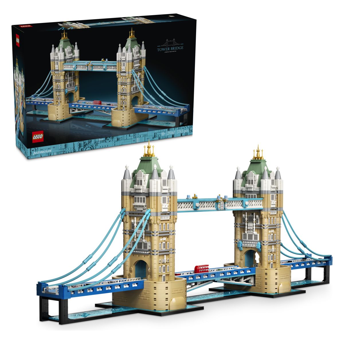 Lego® Architecture 21067 Tower Bridge LEGO® Arhitektura Tower Bridge (21067) S tem modelom poustvari ikonično londonsko znamenitost. Zbirateljski komplet za sestavljanje je pravi nagrajujoči izziv za vse odrasle