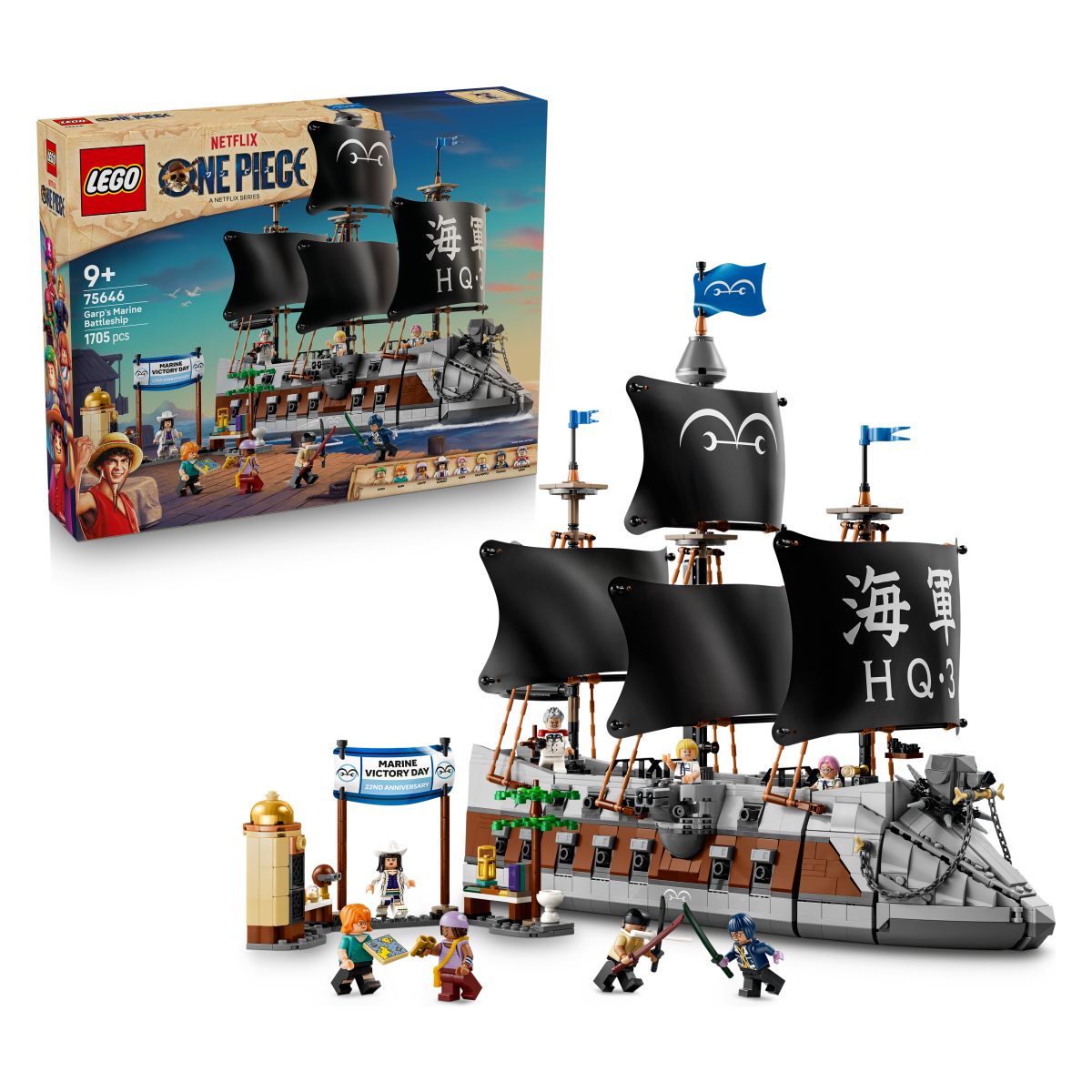 LEGO® One piece 75646 Garp's Marine Battleship LEGO® ONE PIECE – Garp's Marine Battleship (75646) *(Opomba: besedilo je bilo v angleščini – prevedeno spodaj v slovenščino.)* Popelji otroško domišljijo na akcijsko potovanje s to igračo