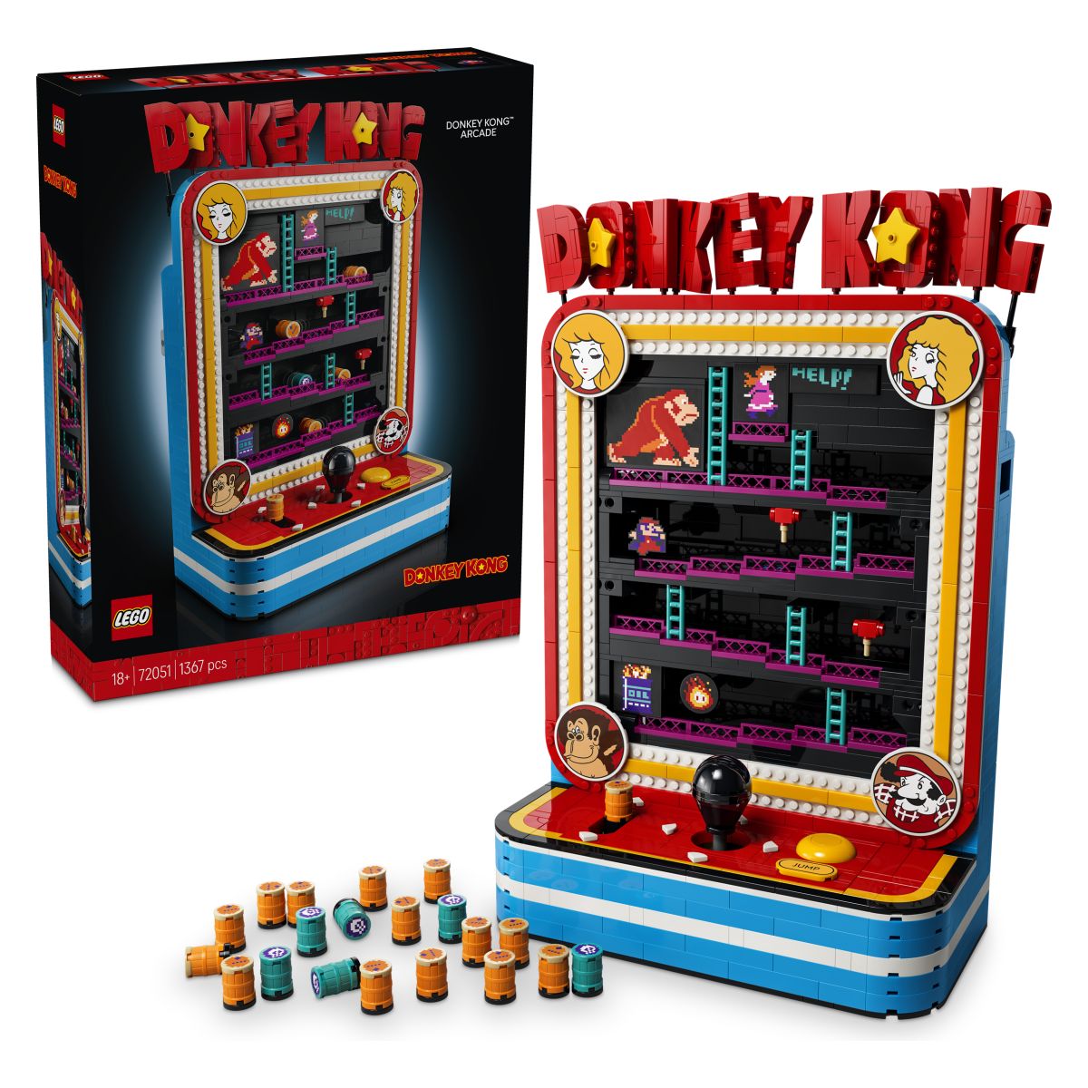 Lego® Super Mario™ 72051 Donkey Kong™ igralni avtomat LEGO® Arkadna igra Donkey Kong™ (72051) S tem kompletom za odrasle lahko poustvariš metanje in preskakovanje sodov iz klasične arkadne igre. Model je poklon originalni arkadni igri in je hkrati zabaven retro okras za v sobo ali domačo pisarno. V kompletu so Jumpman