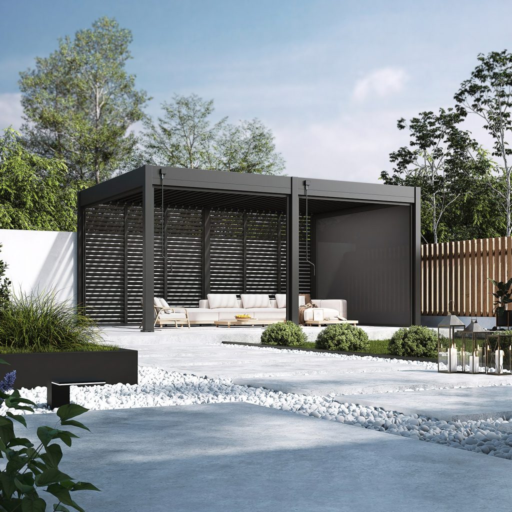Pergola Antares s senčilom v antracitu na vrtu