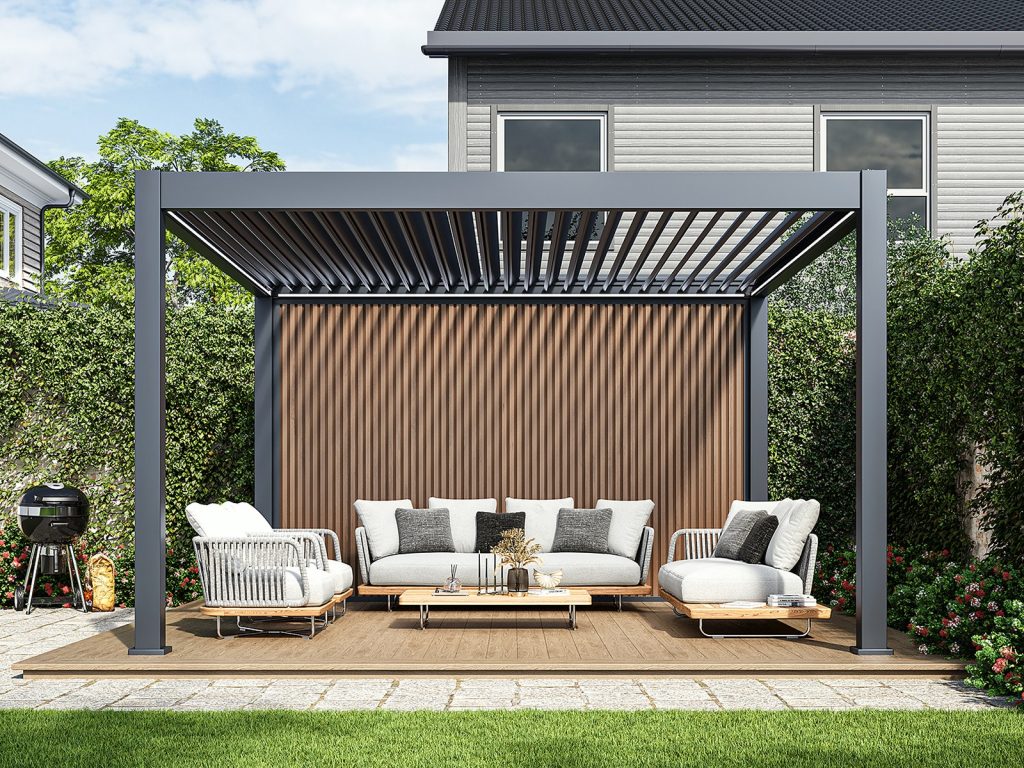 Pergola Antares z WPC steno v videzu lesa teak