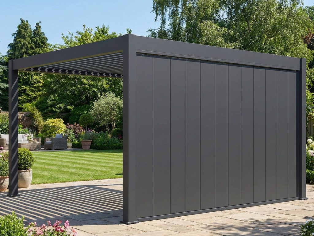 Pergola Antares z zaprtim brisolejem v antracitu na tlakovani terasi