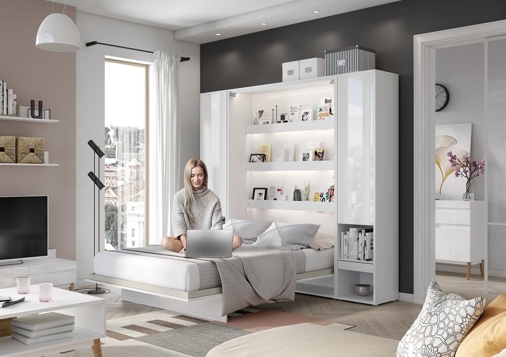 Komplet postelje v omari METULJ bela visoki sijaj 140 x 200 + 2x stranska visoka omara + 2x LED luč