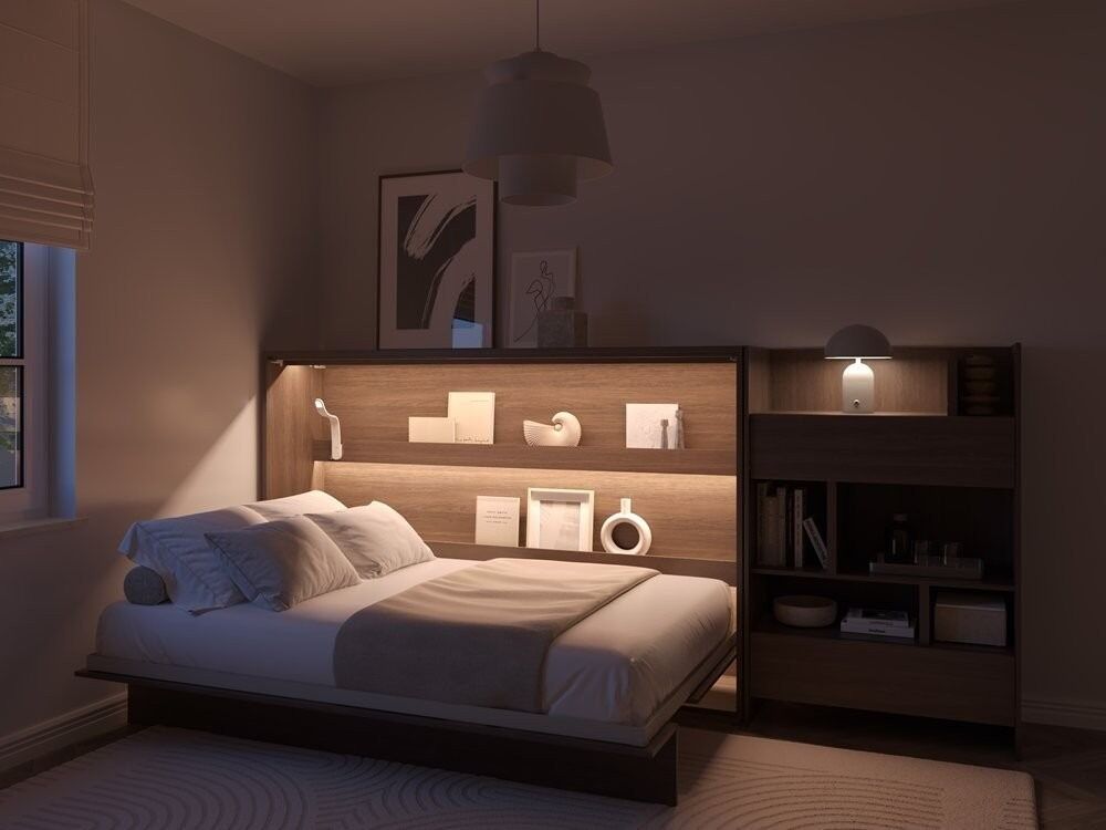 Komplet vodoravne postelje v omari 120 x 200 temen hrast + LED lučka z USB + regal