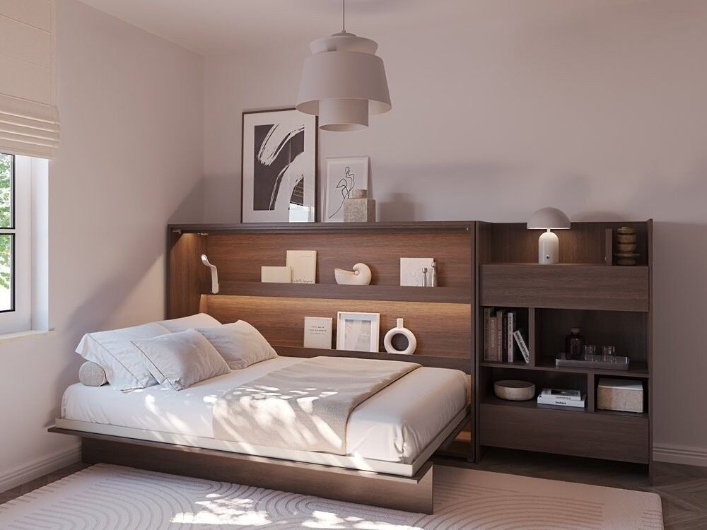Komplet vodoravne postelje v omari 120 x 200 temen hrast + LED lučka z USB + regal