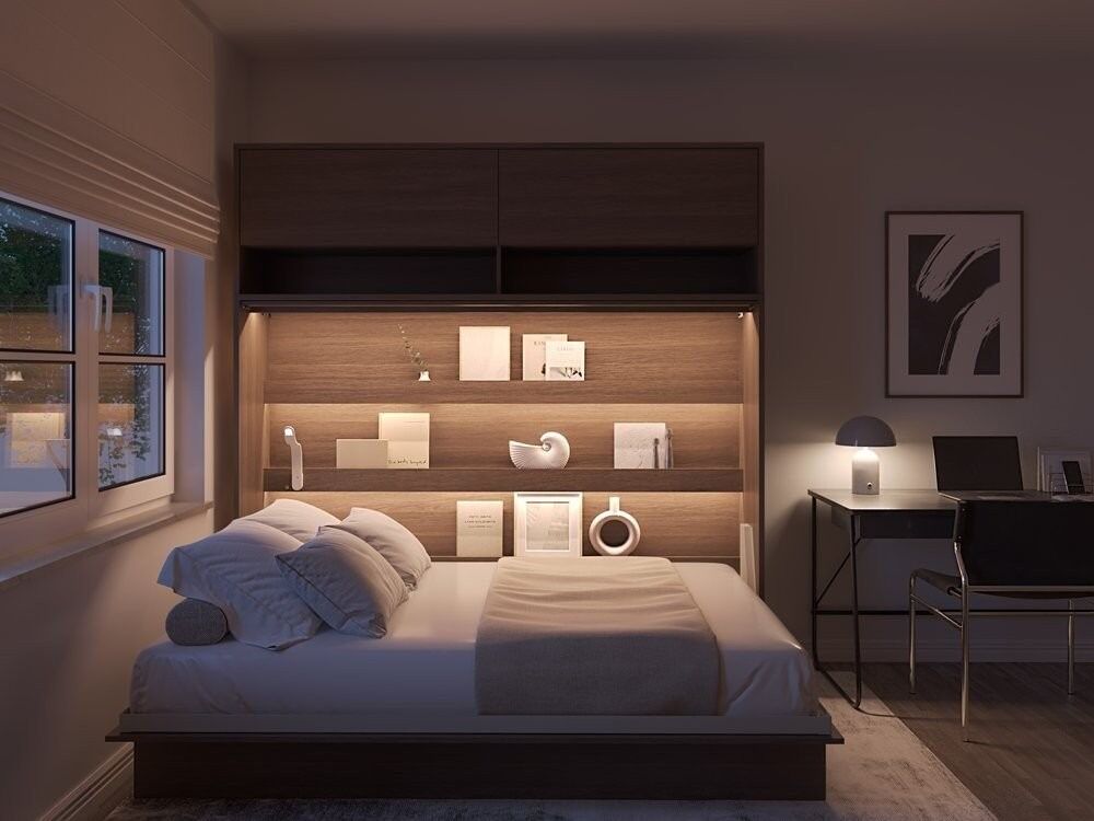 Komplet vodoravne postelje v omari ZVONČEK 140 x 200 + dodatna omarica + LED