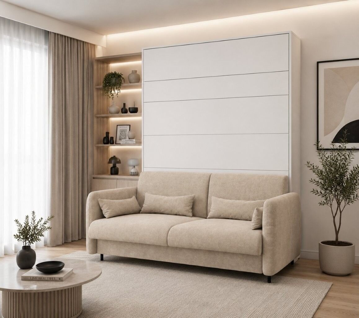 Komplet postelje v omari ZVONČEK 140 x 200 bela + kavč beige