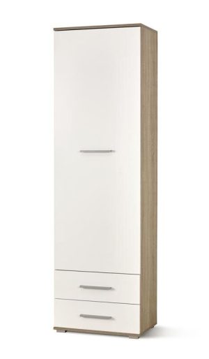 Garderobna omara LIMA REG 1 sonoma/bela, omara je izdelana iz laminirane plošče, ter ima ABS robove. Omara je v kombinaciji bele barve visoki sijaj in