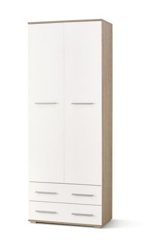 Garderobna omara LIMA REG2 sonoma/bela, izdelana iz laminirane plošče in ABS robovi. Barva: bela visoki sijaj / sonoma Material: laminirana plošča ABS