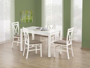 Jedilna miza KSAWERY bela je narejena iz kakovostne laminirane plošče. Ima ABS robovi, ki ščitijo pred udarci in vlago. Jedilna miza je v beli barvi,