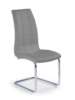 Jedilni stol K147 je dobavljiv v sivem umetnem usnju s kovinskimi inox nogami. Dimenzija: - Š:42/G:55/V:101 cm, Material: - kovinsko podnožje - INOX - sivo