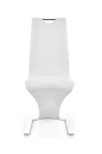 Jedilni stol K188 je dobavljiv v belem umetnem usnju s kovinskimi inox nogami. Dimenzija: - Š:45/G:63/V:101 cm, Material: - kovinsko podnožje - INOX - belo