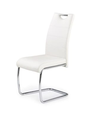 Jedilni stol K211 je dobavljiv v belem umetnem usnju s kovinskimi inox nogami. Dimenzija: - Š:42/G:60/V:97 cm, Material: - kovinsko podnožje - INOX - belo