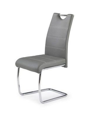 Jedilni stol K211 je dobavljiv v sivem umetnem usnju s kovinskimi inox nogami. Dimenzija: - Š:42/G:60/V:97 cm, Material: - kovinsko podnožje - INOX - sivo