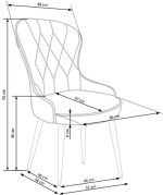 Jedilni stol K366 je dobavljiv v zeleni barvi. Noge stola so iz kovine prašno barvane. Dimenzija: - Š:52/G:58/V:92 cm, Material: - tkanina velvet BLUVEL 14 -