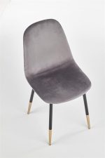 Jedilni stol K379 je dobavljiv v sivi barvi. Noge stola so iz kovine prašno barvane črno/zlate. Dimenzija: - Š:45/G:48/V:88 cm, Material: - tkanina -
