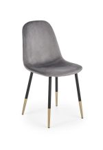 Jedilni stol K379 je dobavljiv v sivi barvi. Noge stola so iz kovine prašno barvane črno/zlate. Dimenzija: - Š:45/G:48/V:88 cm, Material: - tkanina -