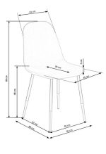 Jedilni stol K379 je dobavljiv v sivi barvi. Noge stola so iz kovine prašno barvane črno/zlate. Dimenzija: - Š:45/G:48/V:88 cm, Material: - tkanina -