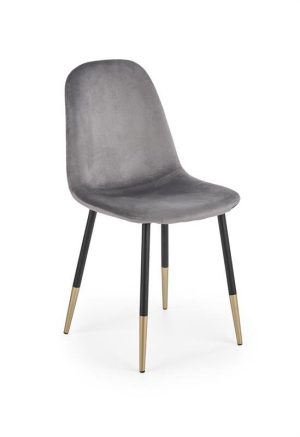 Jedilni stol K379 je dobavljiv v sivi barvi. Noge stola so iz kovine prašno barvane črno/zlate. Dimenzija: - Š:45/G:48/V:88 cm, Material: - tkanina -