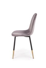 Jedilni stol K379 je dobavljiv v sivi barvi. Noge stola so iz kovine prašno barvane črno/zlate. Dimenzija: - Š:45/G:48/V:88 cm, Material: - tkanina -
