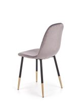 Jedilni stol K379 je dobavljiv v sivi barvi. Noge stola so iz kovine prašno barvane črno/zlate. Dimenzija: - Š:45/G:48/V:88 cm, Material: - tkanina -