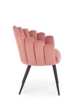 Jedilni stol K410 je dobavljiv v roza barvi. Noge stola so iz kovine prašno barvane. Dimenzija: - Š:65/G:62/V:85 cm, Material: - tkanina - kovina