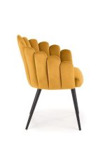 Jedilni stol K410 je dobavljiv v rumeni barvi. Noge stola so iz kovine prašno barvane. Dimenzija: - Š:65/G:62/V:85 cm, Material: - tkanina - kovina
