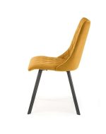 Jedilni stol K450 je dobavljiv v rumeni barvi. Noge stola so iz kovine prašno barvane. Dimenzija: - Š:44/G:58/V:85 cm Material: - tkanina velvet BLUVEL 68 -