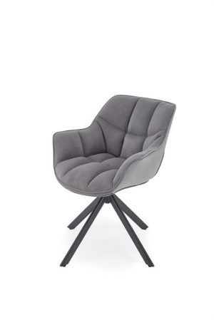 Jedilni stol K610 v sivi barvi je eleganten in kakovosten. Narejen je iz mehkega velvet blaga v sivi barvi. Stol je vrtljiv. Nogice so v črni barvi, nrejene