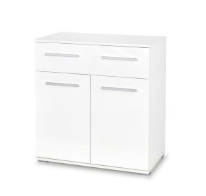 Komoda LIMA bela je narejen iz kakovostne laminirane plošče v barvi bela visoki sijaj. Ima ABS robove, ki ščitijo pred udarci, vlago in praskami. Odlično