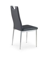 Jedilni stol K202 je dobavljiv v črnem umetnem usnju s kovinskimi inox nogami. Dimenzija: - Š:44/G:59/V:97 cm, Material: - kovinsko podnožje - INOX - črno
